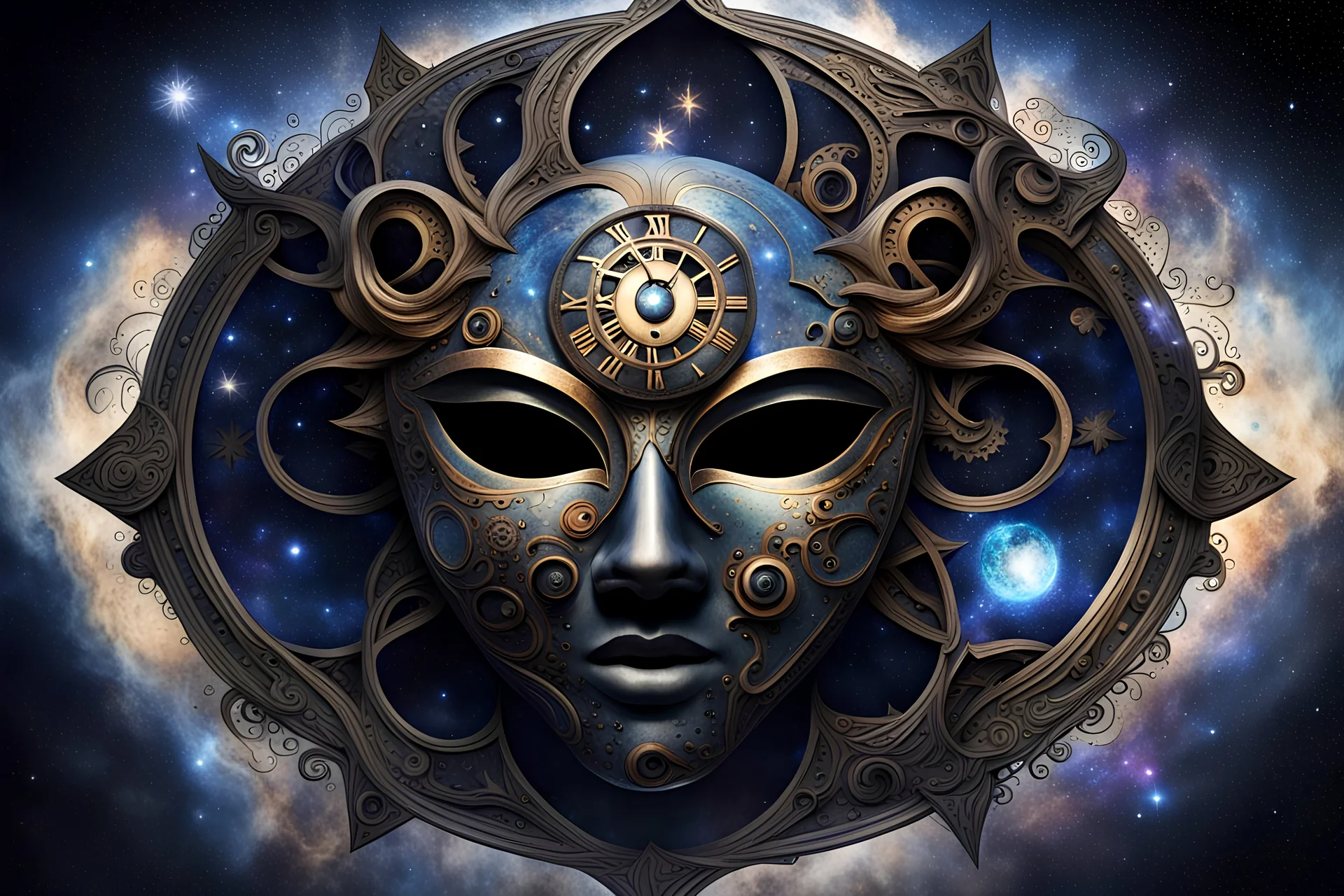 A cosmic mask representing the balance of light and darkness A cosmic clock ticking away the eons