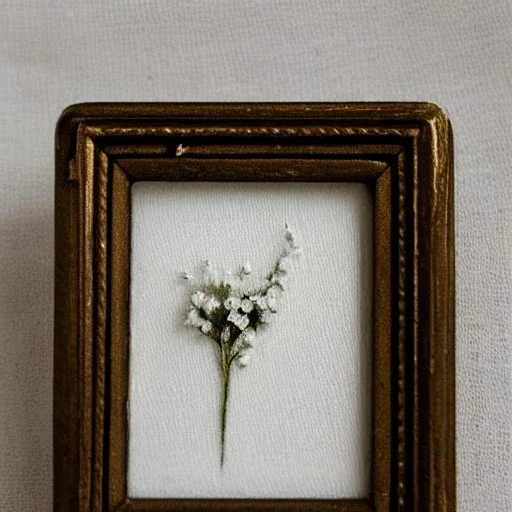 tiny oil painting of single long stem pressed flower, tiny white canvas, tiny white modern frame, melancholy, tender, moody, vintage, delicate arrangement, beautiful composition, etsy, aesthetic layout, plain solid white background