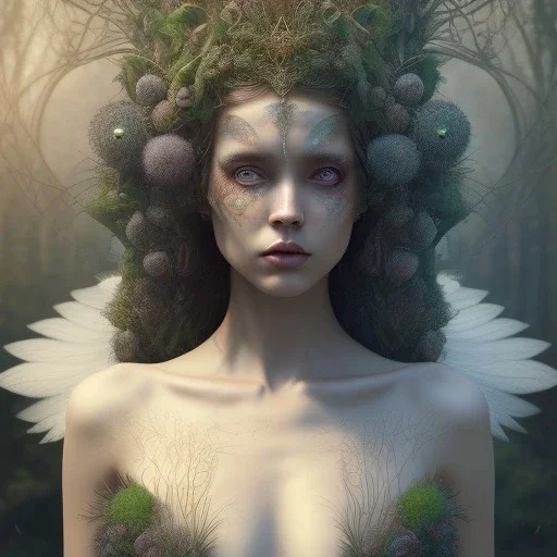 Portrait of beautiful girl, plant, metal, feathers, Dryad, fae, sidhe, ominous, nature, plants, wildflower, facepaint, dnd character portrait, intricate, oil on canvas, masterpiece, expert, insanely detailed, 4k resolution, retroanime style, cute big circular reflective eyes, cinematic smooth, intricate detail , soft smooth lighting, soft pastel colors, painted Renaissance style,bokeh,macro lens, 800mm lens