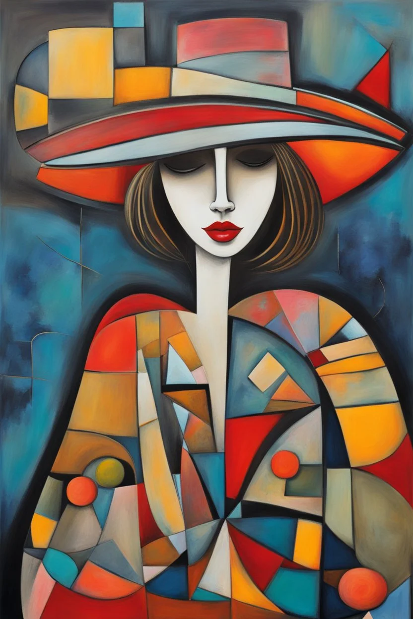 abstract paint from Lady in big hat , vibrant colors, folk art, non-figurative mode, style combined abstract art with dadaism, patchs, black lines, surrealism style