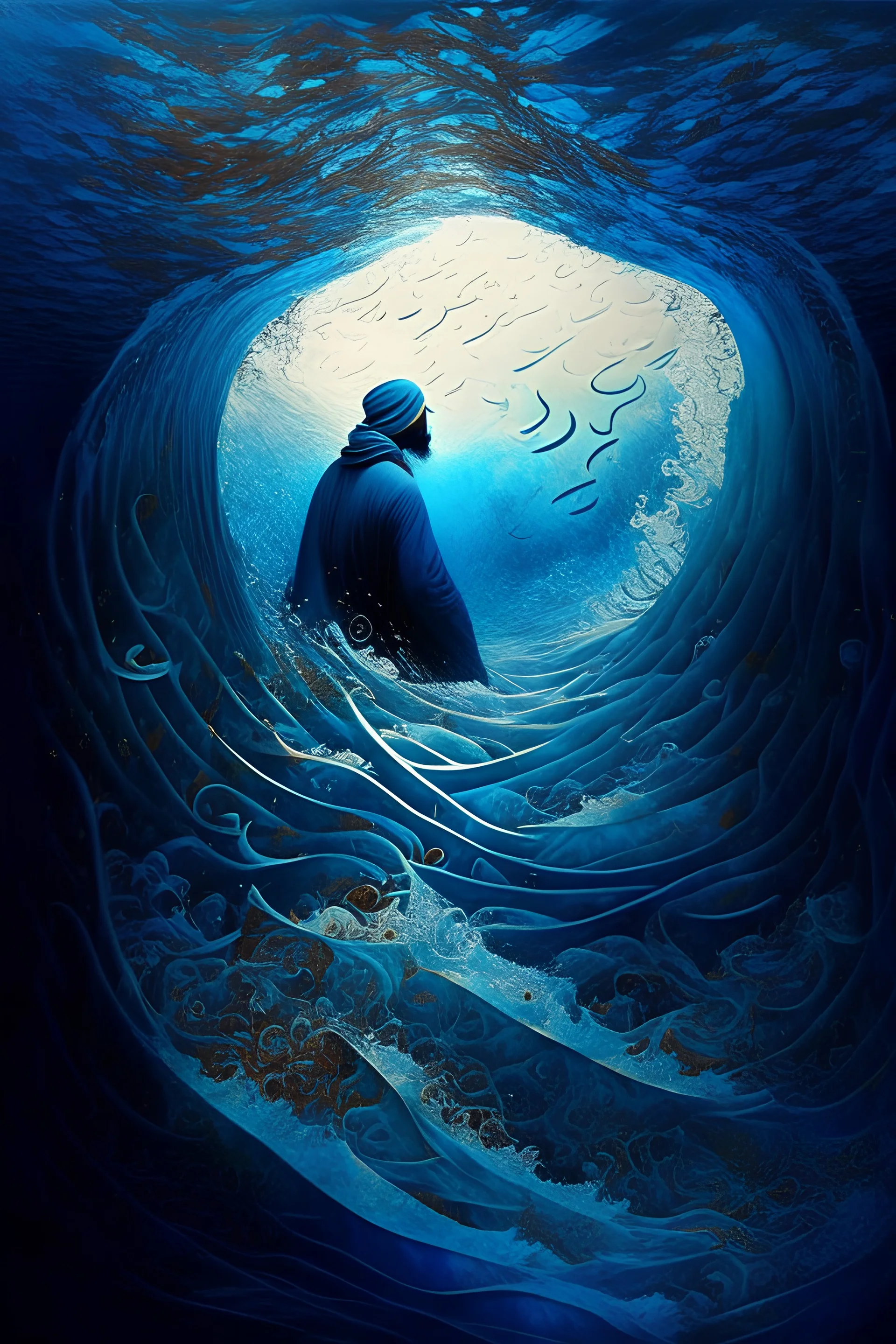 A person drowned in the depths of the seas of the imagination of Arabic poetry, surrounded by calm waves, scattering Arabic letters, guiding him to the light, gradations of blue