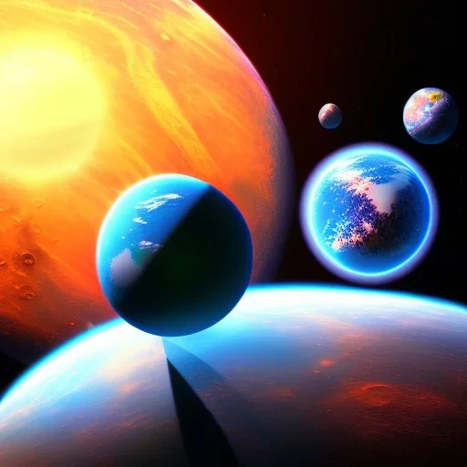  One planet surrounded by two moons, 3d render