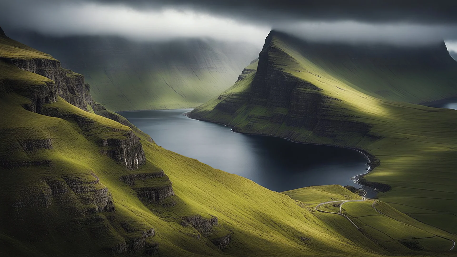 Mountainous landscape on the Faroe Islands, sunlight, chiaroscuro, awe-inspiring, beautiful composition, award-winning photograph