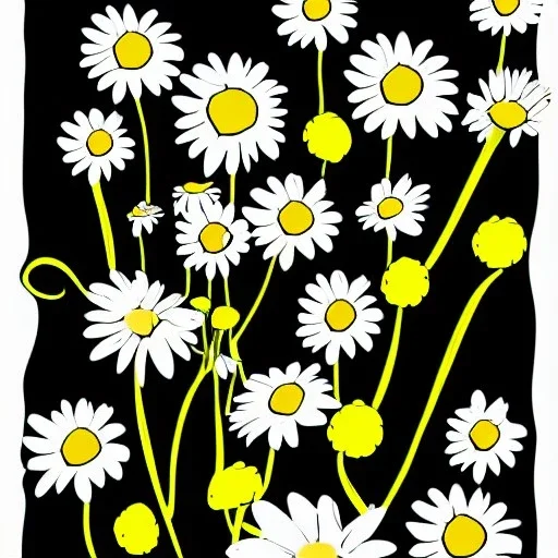 illustration of a bouquet of white daisies, digital illustration, thick black lineart, pastel colors, plain yellow background, minimalist art