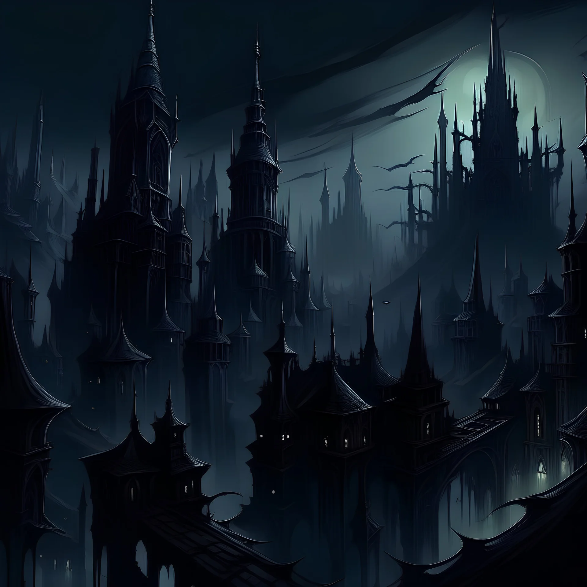 Dark eldritch spires cityscape
