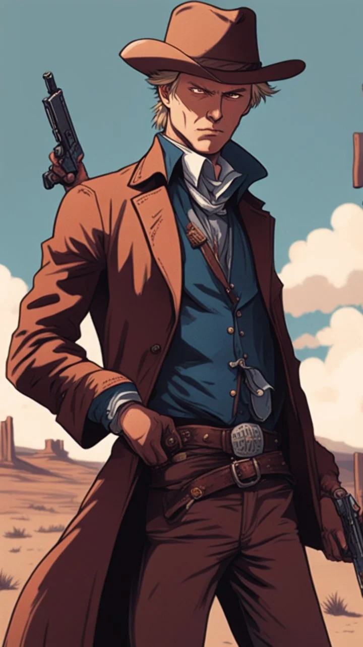 Magnus Carlson in the wild west looking cool with a revolver, anime style