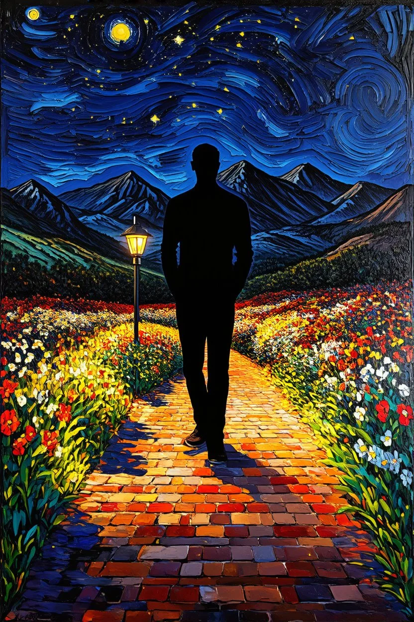 "Creativity is subtraction" has a main subject implied by a man's outline filled with the blackest of black paint. The background has a post-impressionist sky like "A Starry Night." A jagged row of cubism-style mountains is in the distance. A meandering brick path illuminated with solar garden lights and lined with ink-wash painted flowers leads the outline toward the mountains.