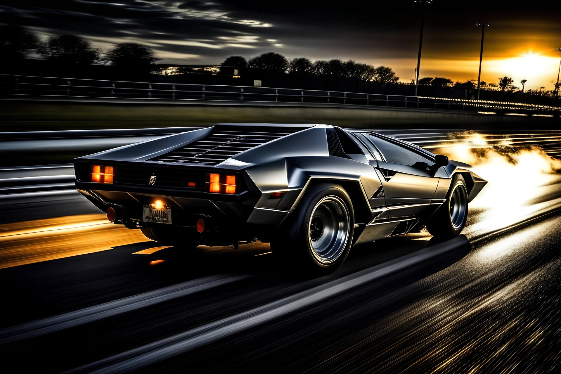 A mirror polished silver Lamborghini countach flies through a tight turn on a banked race track of pitch black tarmac leaving flaming tire tracks behind it as it breaks the sound barrier and produces a pressure cone before it and leaves a sonic boom behind it