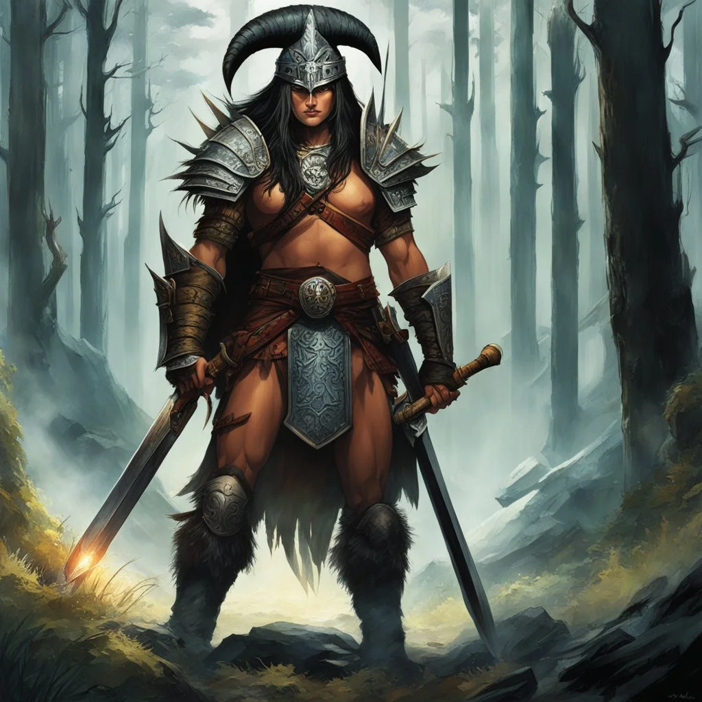 THE DEATH DEALER: tribeless barbarian in a large forest that, after the end of the Ice Age, will one day become the Mediterranean sea. When the Mongol-esque Kitzaak Horde invade the forest, various parties try to recruit Gath's aid to defend against them. One of them, the beautiful sorceress Cobra, gives Gath a helmet possessed by the god of death. The helmet gives him godlike power but at the same time tries to break Gath to its will. With the help of the worldly travelling entertainer Brown Jo