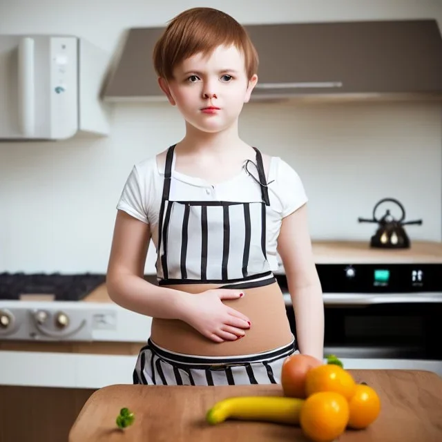 Realistic photo Russian shorthair beautiful tomboy boyish boylike young mother wide hips in kitchen