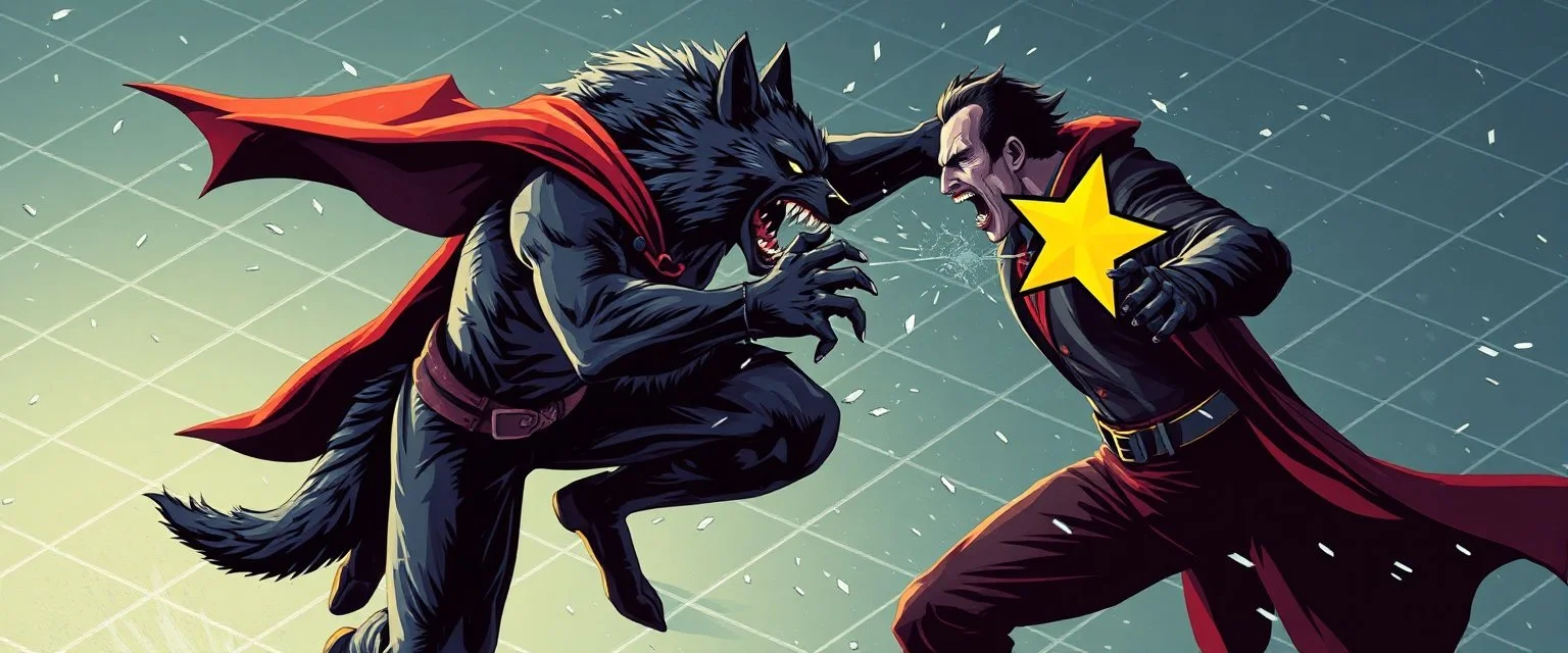 werewolf vs vampire cyberpunk action scene, acrobatic dodge, cape, all seen drown on isometric grid, wolf giving him the biggest jab punch with cartoon star marking the impact