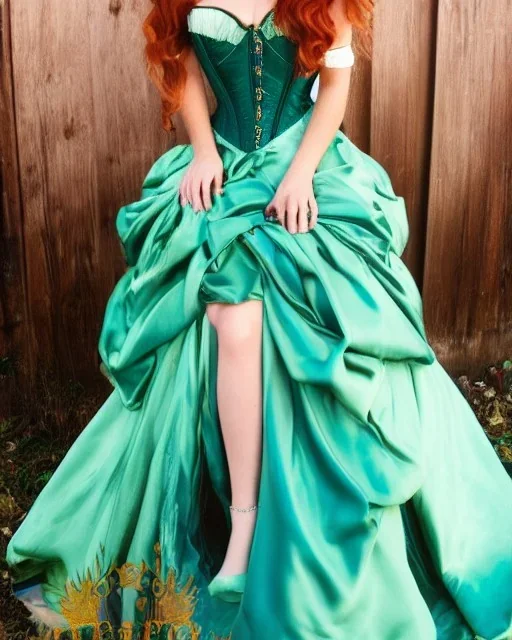 Magic princess with long auburn hair in a big teal green and gold satin ballgown corset off shoulder top casting magic