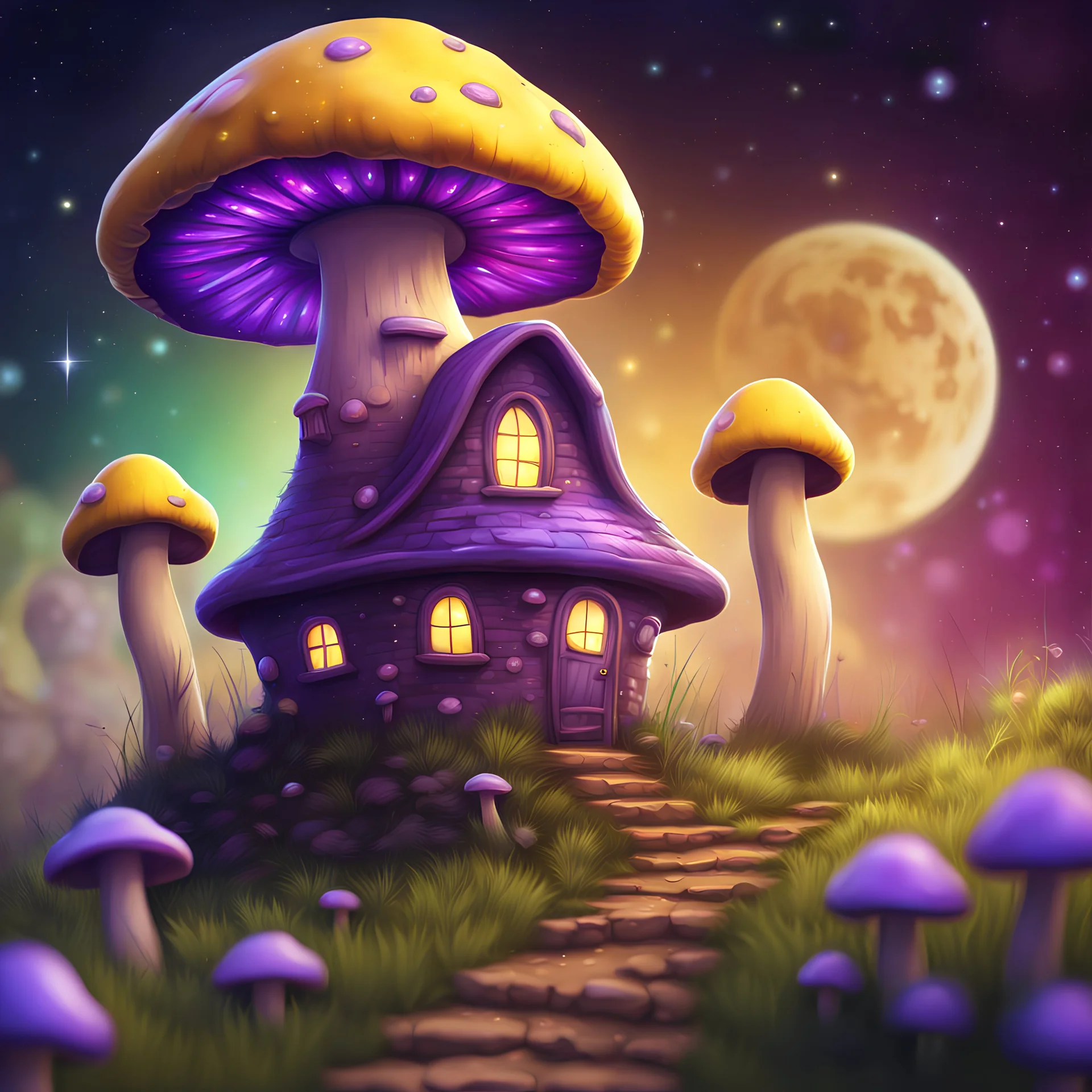 vibrant violet and yellow mushroom house on dirt pillar grassy top outer space. stars, grass, mushroom house, dirt pillar. Detailed gloss Painting, rich color, fantastical, intricate detail, splash screen, hyperdetailed, insane depth, concept art, 8k resolution, trending on artstation