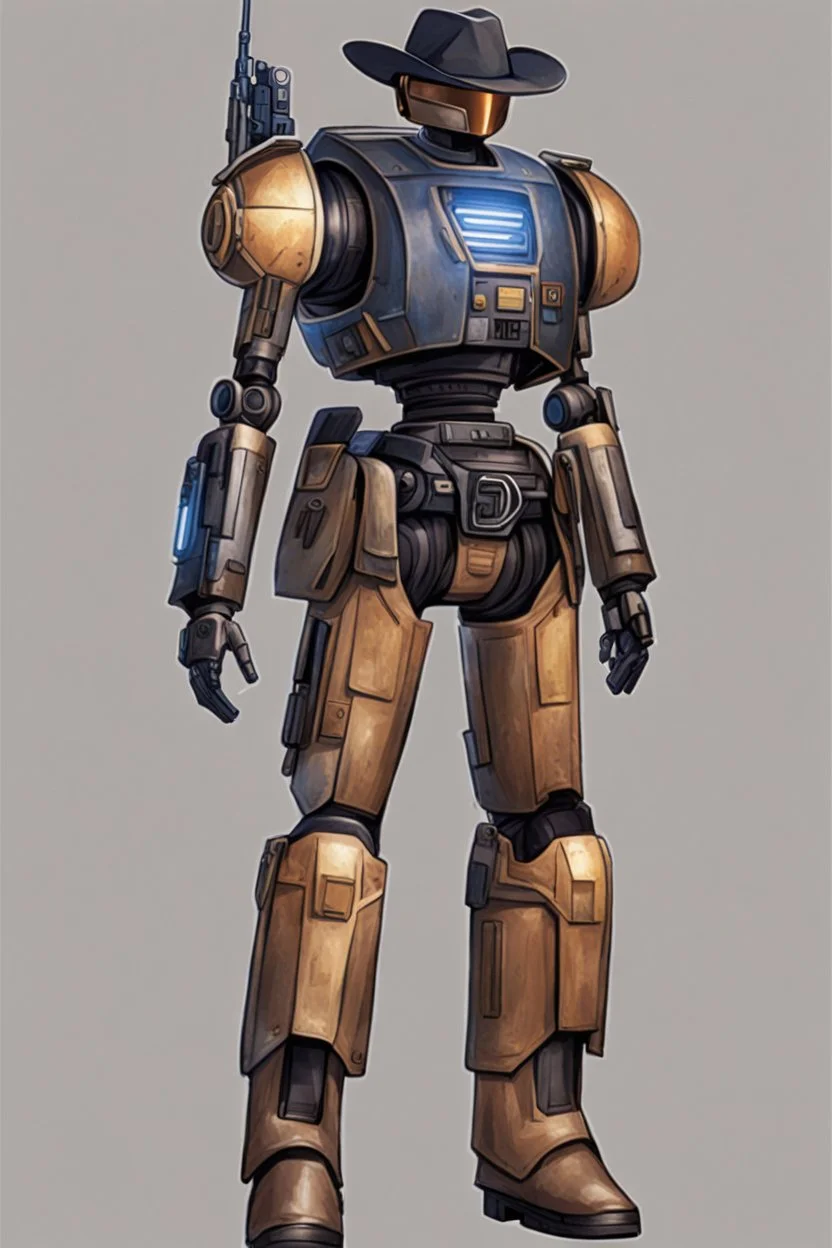 A Star Wars Combat Droid, Wearing Western Cowboy Clothes, Armour looks like Halo, Wearing a cowboy hat and a Cowboy Over-Coat.