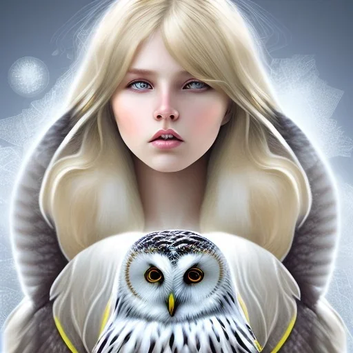 Girl with long wavy brown blond hair, yellow eyes. Wearing a dark white dress with white pink flowers on it. She has a snowy owl with yellow eyes on her shoulder.