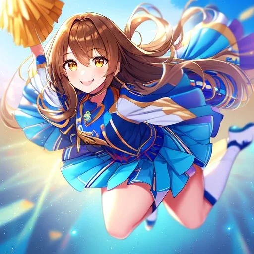 Clear focus,High resolution, one girls, wearing a cheerleader outfit, smiling, jumping, hair flowing, brown long hair, yellow eyes