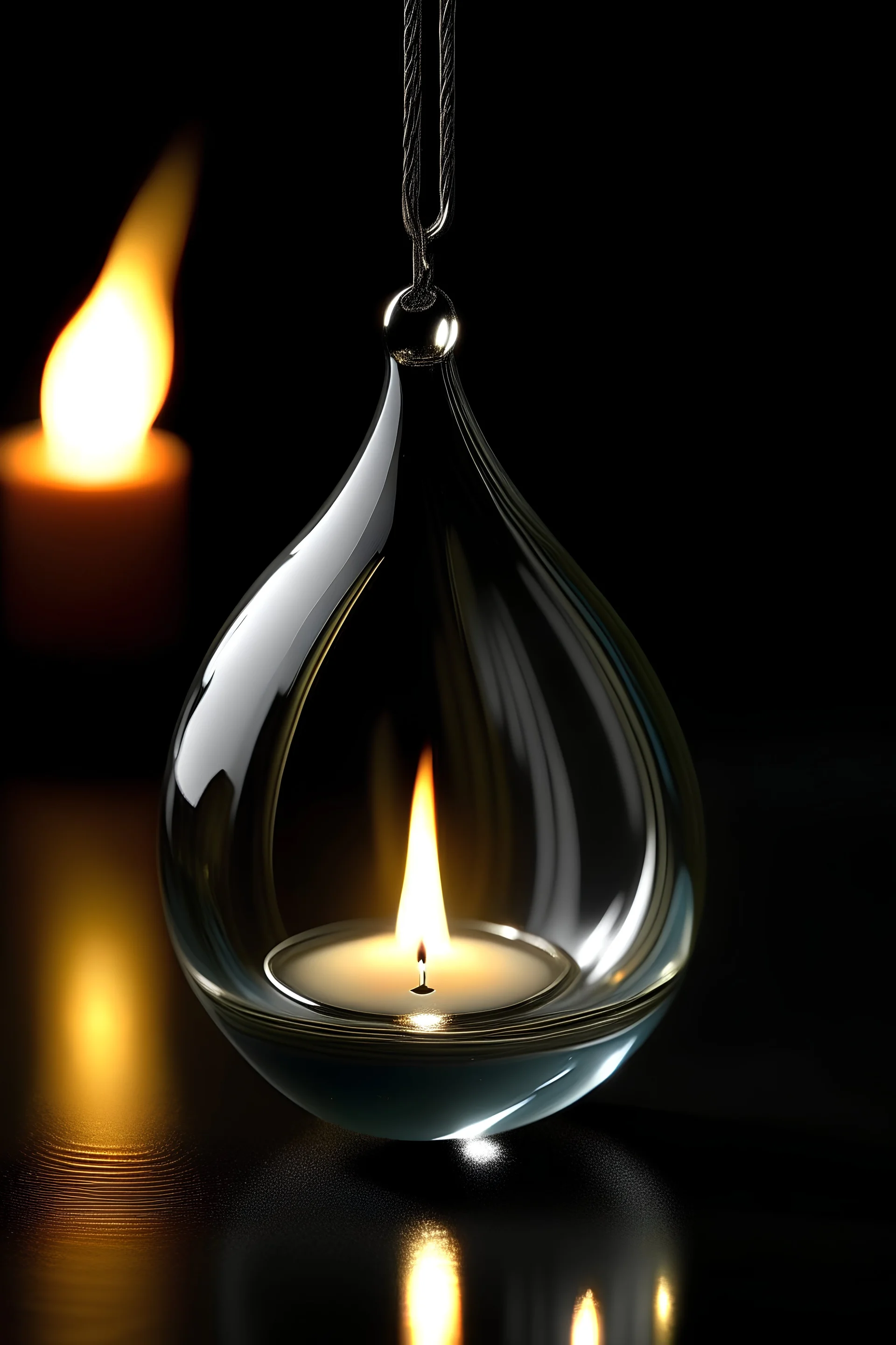 The gray translucent teardrop shaped gem in the pendant wraps around a bright candle flame.