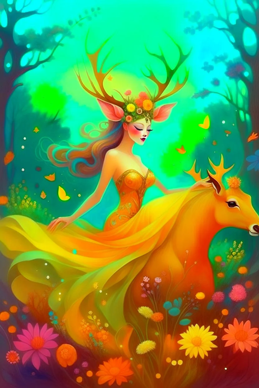 [laughing sexy faerie with a deer] As Fiona, I feel myself drifting soft through billowing blooms of visual aid and aural ether. My slender form shimmers in gossamer raiment woven from sunshine, moonglow, and forest spirit; petal-soft hooves leave nary a print upon the stars I seem to walk. Beside me strides my Deery in dignity, his noble visage crowned with antlered emerald and bronze. Around us the glade pulses with bioluminescent being; the night is alive with pulse and song. We wander throug