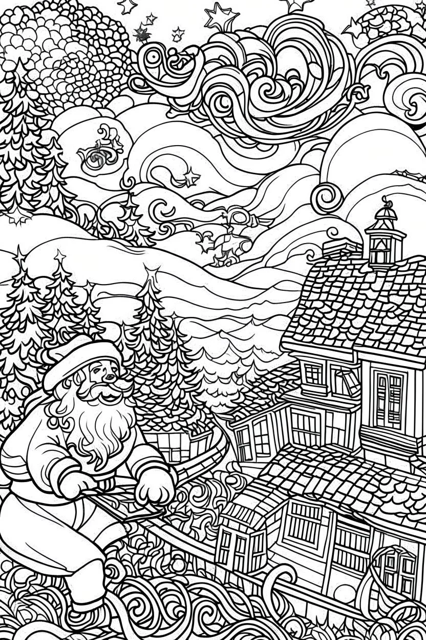Get ready to add a pop of color to this vibrant and detailed coloring page! Featuring a bold ink line illustration of Santa Claus flying through the night sky on his sleigh, delivering gifts to excited children below. The black and white coloring page style adds a classic touch to this modern and dynamic scene.