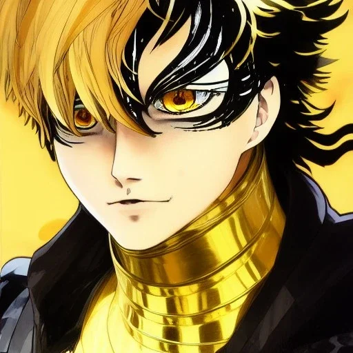 Detailed anime portrait of soul land from my hero academia, gold hair and golden eyes, black suit, intricate details, full body portrait, keep head in frame, slight smile, black Japanese motif, concept art, highly detailed, digital painting, concept art, sharp focus, illustration, art by Yoji Shinkawa, WLOP and greg rutkowski and alphonse mucha and artgerm and yanjun Chen and Junji ito and Makoto Shinkai, HDR, octane render