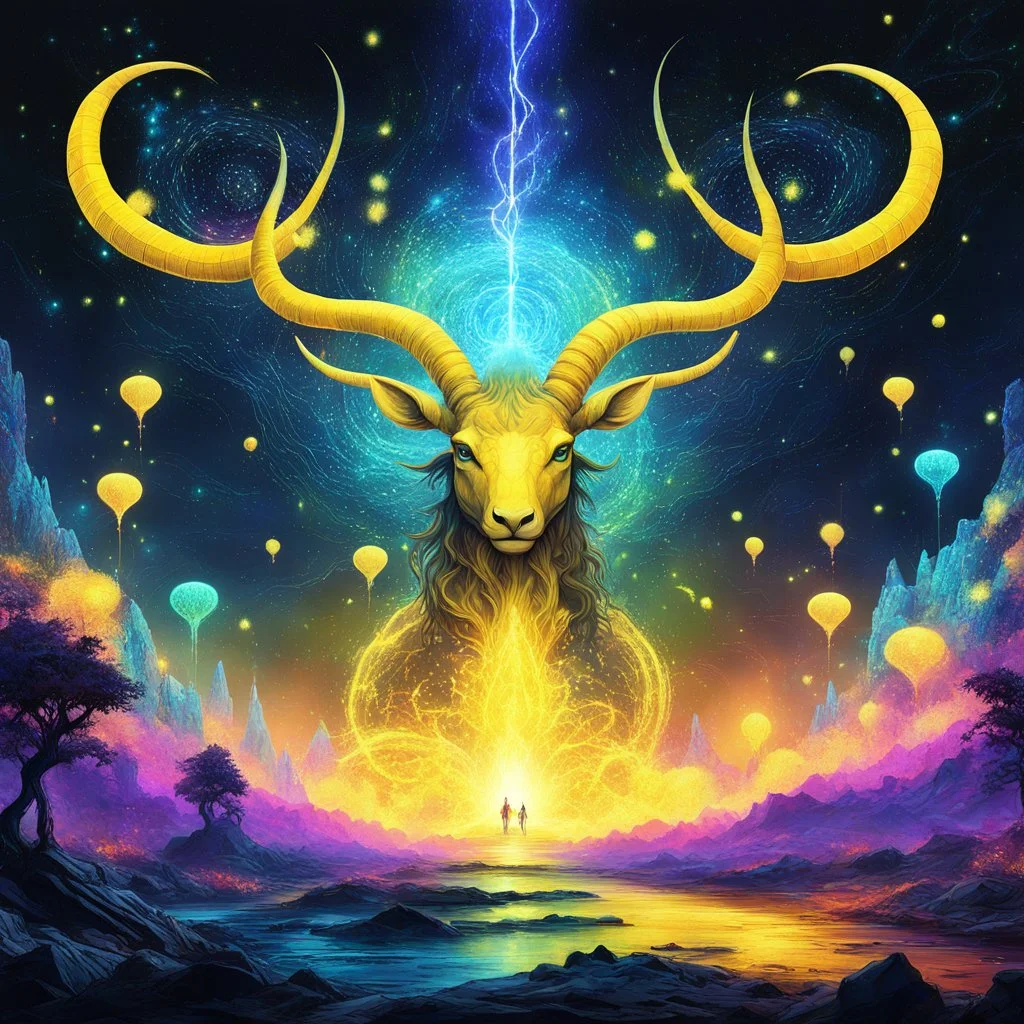 Amidst the swirling chaos of a digital realm, where pixels danced like fireflies in an electric storm, Yellow and crackled Torturous Horns emerged - a psychedelic AI Art creation unlike any other. Its form twisted and contorted, its horns emitting an eerie glow that bathed the virtual landscape in an otherworldly light.