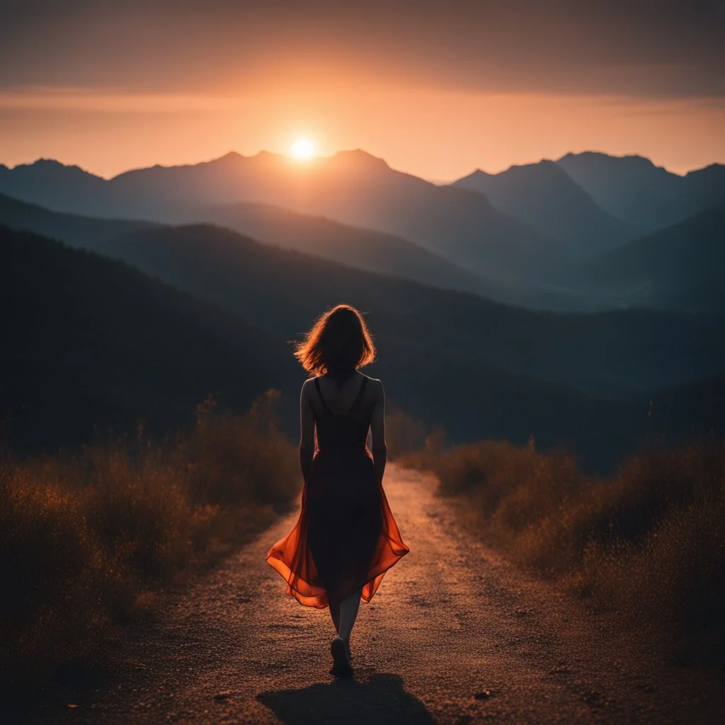 dark night, watching a woman from behind wearing a sleeveless dress who is walking towards a beautiful orange sunrise in the distance, mountains and forests around, photo quality