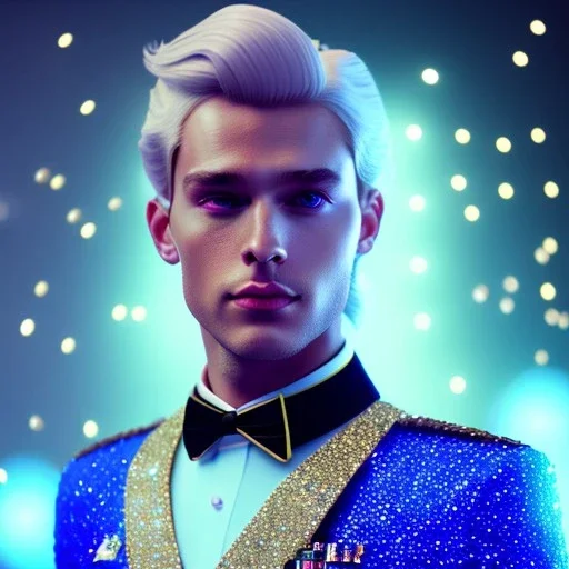 Handsome prince galactic man, glitter blue and white prince suit with jewels, long blond hair, blue eyes, cinematic lights, octane render, unreal engine 5, 4k, focus details