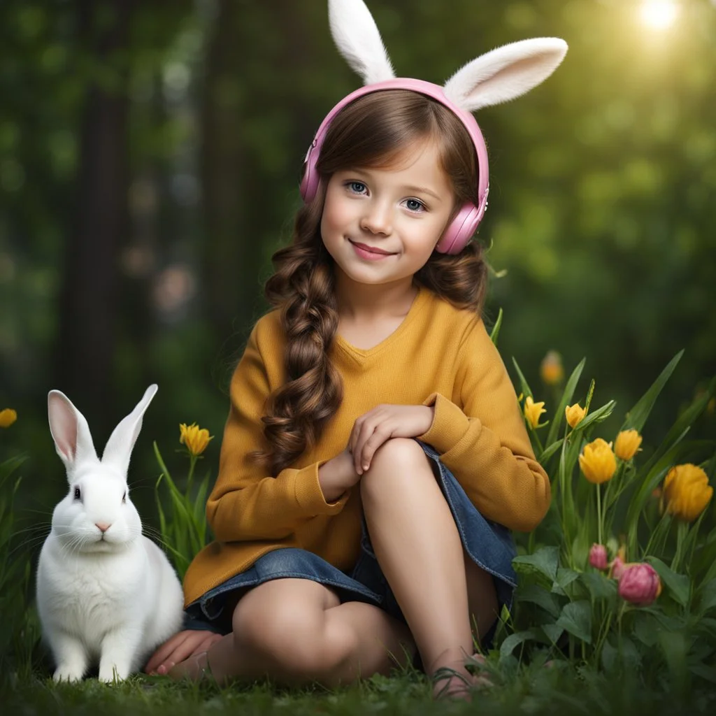 very beautiful realistic10 years old girl with a Rabbit