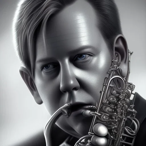 A portrait of a kiefer sutherland playing saxophone, sin city, frank miller, low key lighting, volumetric light, digital art, highly detailed, fine detail, intricate, ornate, complex, octane render, unreal engine, photorealistic