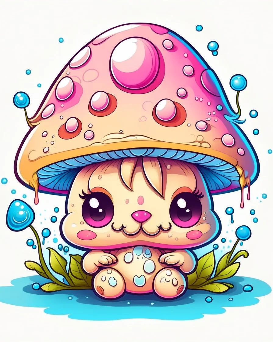 Tattoo design a one liquid cute kawaii baby mushroom happy, hyperdetailed intricately detailed, fantastical, surrealistic, splash screen, pastel colours, fantasy, concept art, 8k resolution, cartoon style, kawaii style, minimalist, simple