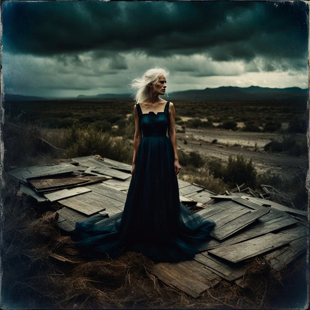 Photorealistic polaroid nothingness and distressing anguish old wooden landscape wasteland night Max Ernst, shot on Hasselblad, movie shot, details of the dress accentuated, nightmare, hypermaximalist, obsessive, hypnotic