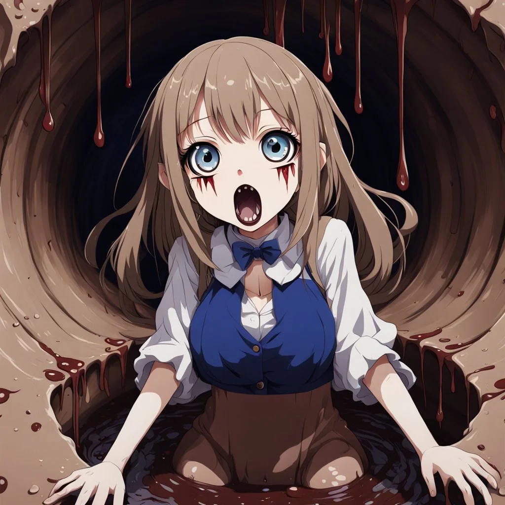 Anime girl with big eyes, darkblue and sepia tones, fullbody, slime, the perspective looking up from the bottom of an empty well, rolling eyes, tongue out, blood drip, open mouth,