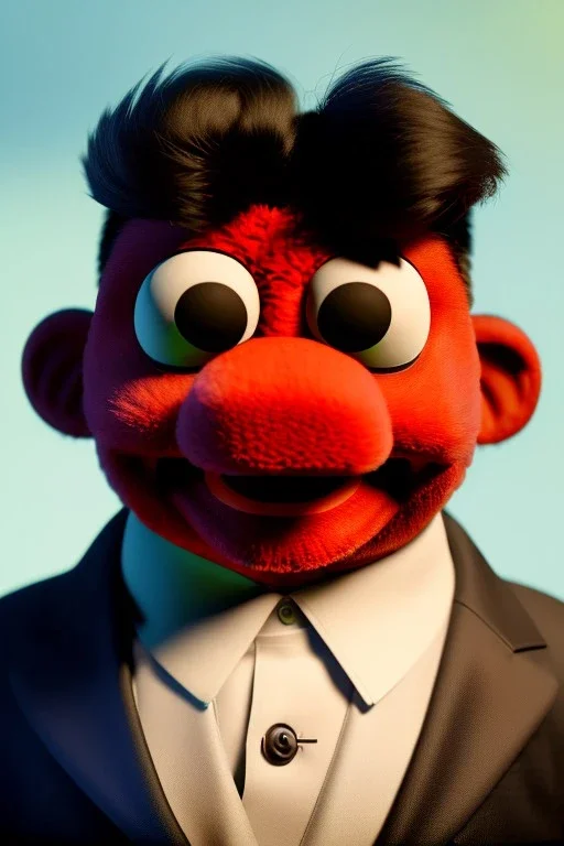 Waist up muppet Portrait, Kim Jong-un muppet doll, black suit, photo studio, red background, unreal engine 5, concept art, art station, god lights, ray tracing, RTX, lumen lighting, ultra detail, volumetric lighting, 3d.