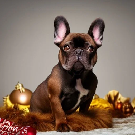 Portrait of a cute french bulldog with brown fur celebrating new year and christmas