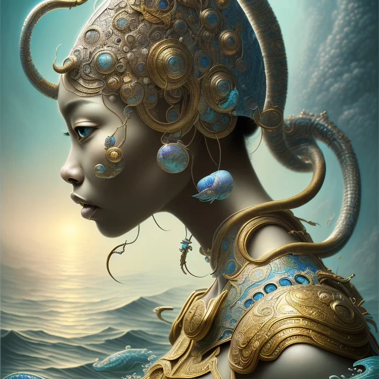 Sango fantasy, fantasy magic, intricate, sharp focus, illustration, highly detailed, digital painting, concept art, matte, art germ and Paul Lewin and Kehinde Wiley, masterpiece Japanese dancer head bronze eel' Asian African girl nice breast Thai hair turquoise silver blue under water