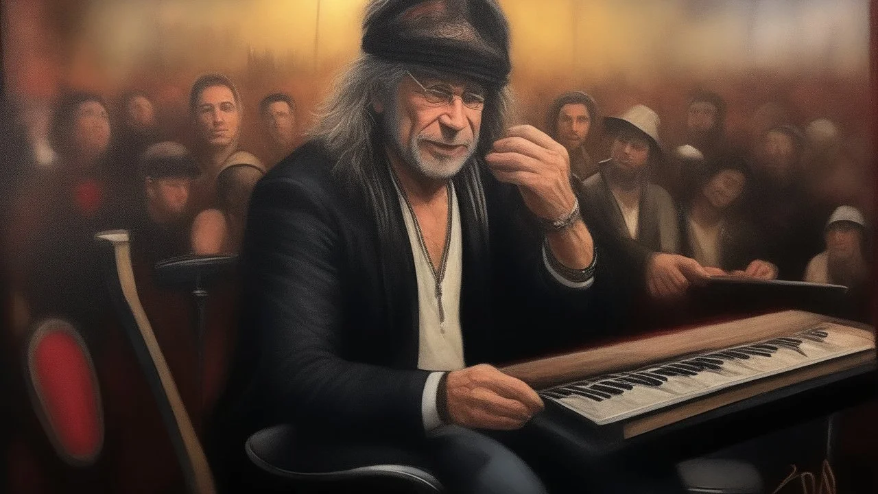 rabbi oil painting, hard rock concert, bon jovi.