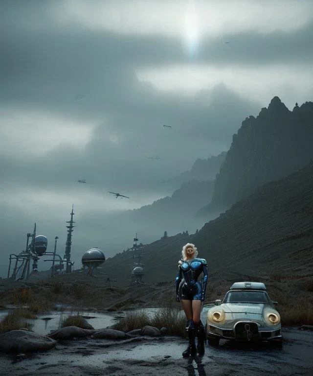 Ultra Realistic retro sci-fi scene, portrait, 2 blonde woman clones, sweet young Marilyn Monroe face, perfect iris, tight latex coat, helmet, Strange planet background. Spaceship, fog, rain, soft color, highly detailed, unreal engine 5, ray tracing, RTX, lumen lighting, ultra detail, volumetric lighting, 3d, finely drawn, high definition, high resolution.