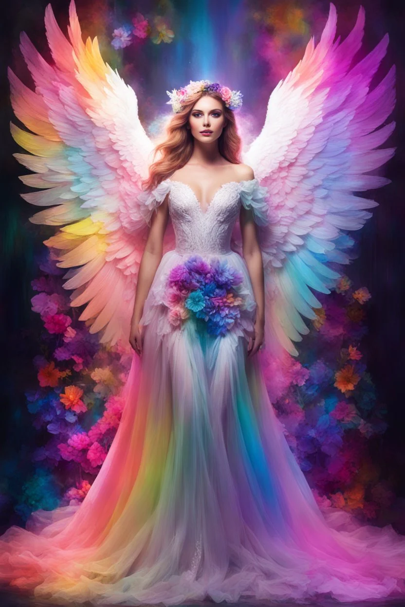 Gorgeous Photography Beautiful Woman as Angel with clothing abstracts flowers luxury gown dressing painting art neons rainbow colors glowing in the dark and colorful details, light leaks boleh colors,flowers background