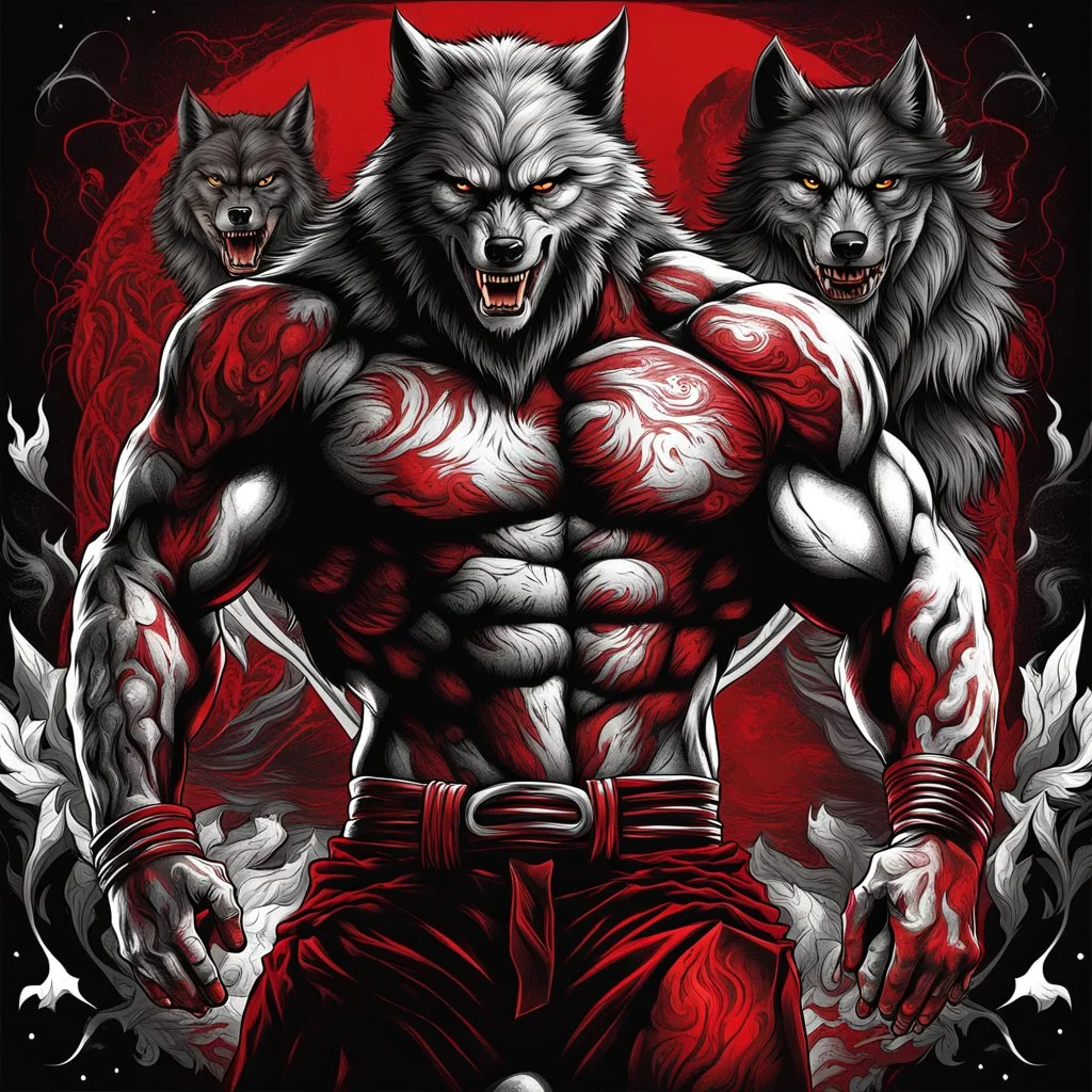 wolfman full body art illustration black background red and white color