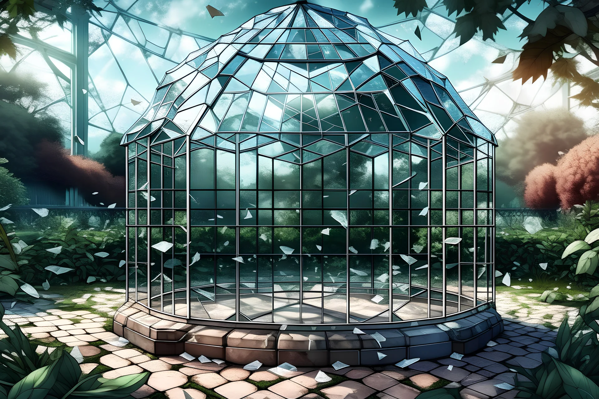 Vector. Illustration. realistic, Digital painting. hail stones, pane of broken glass, victorian glasshouse, english garden