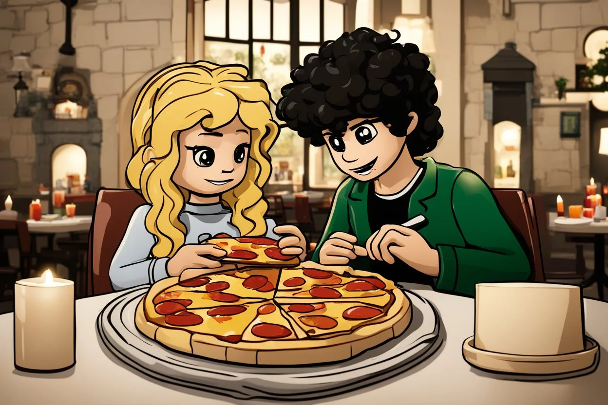 blonde lego girl and curly black haired lego boy eating lego pizza in an italian restaurant in candlelight