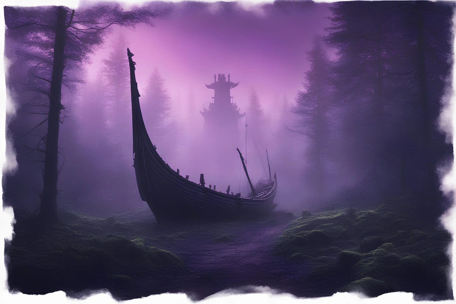 norse ship in the middle of a misty forest with purple sky