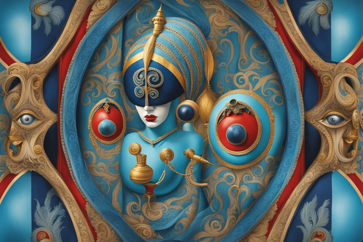 venice in a carnival picture 3, in the style of fantastical compositions, colorful, eye-catching compositions, symmetrical arrangements, navy and aquamarine, distinctive noses, gothic references, spiral group