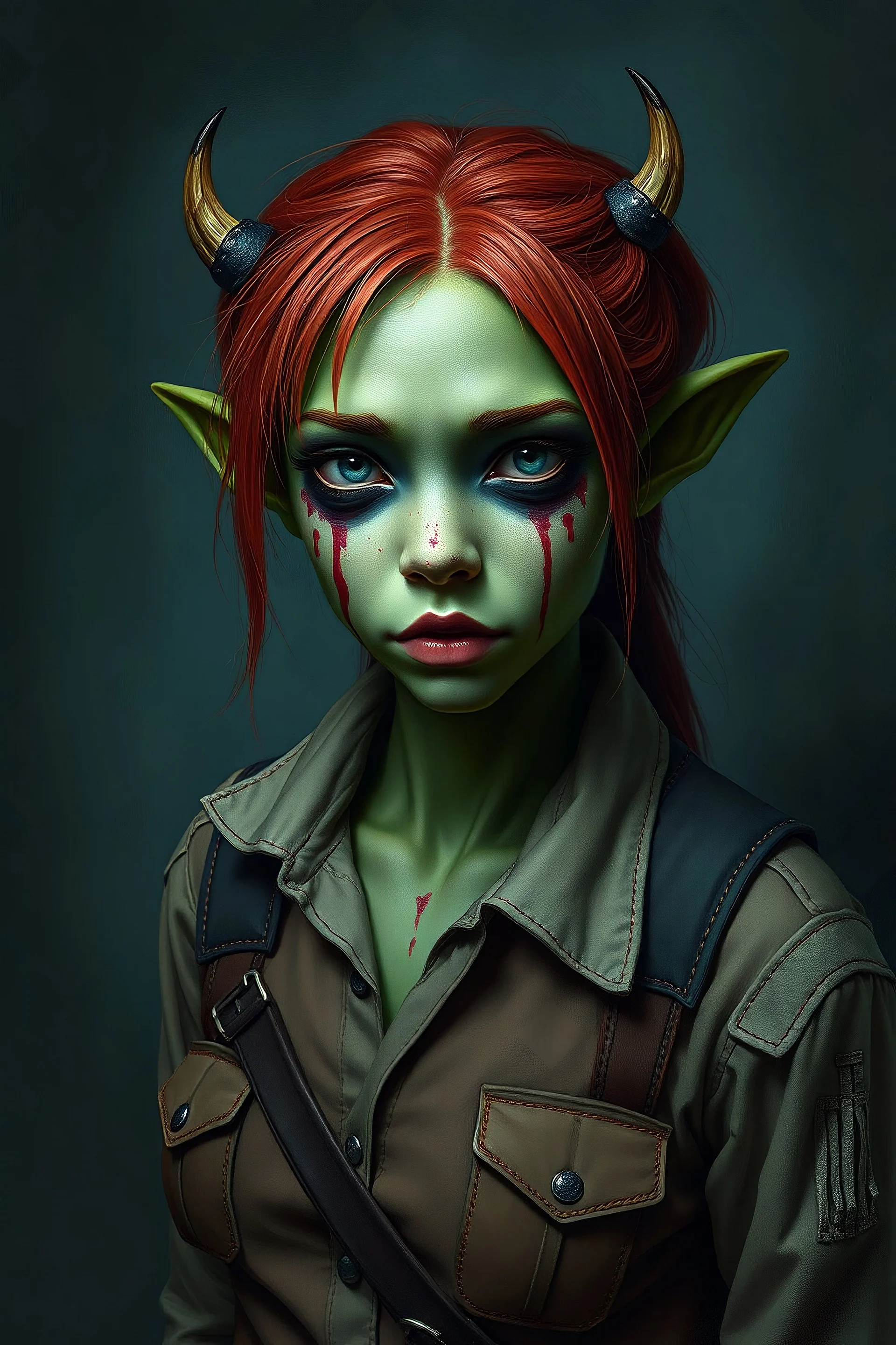 Create a chilling and unsettling full-body photograph of an cute orc woman. She has green skin and red hair, dressed in an explorer's outfit styled like schooler. The image should be painted with coarse brushstrokes on a dark, gloomy background, enhancing the atmosphere of horror and anxiety. Pay special attention to the makeup stains around the eyes, on the nose, and around the mouth