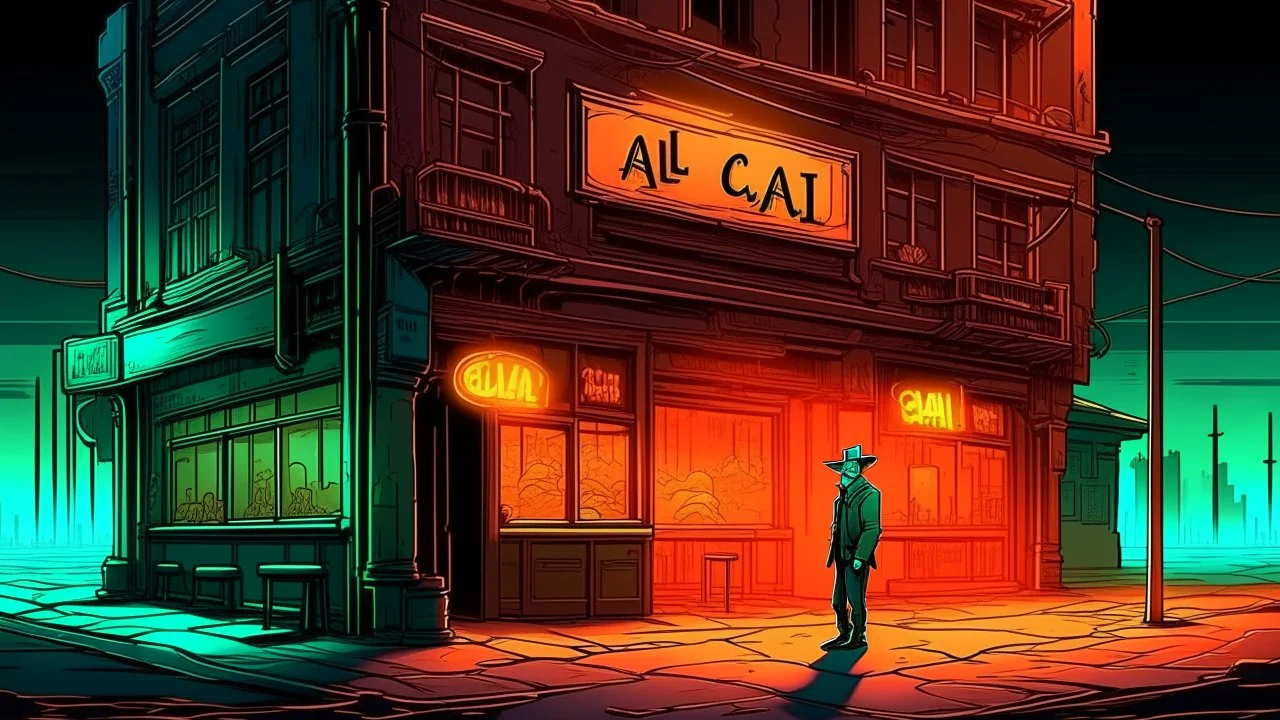 In the heart of an empty, dreamlike cityscape, a lone man stands before a shuttered bar with a flickering neon sign that reads “Last Call”—though the letters melt like candle wax into the pavement. His mouth is open in a silent scream, stretched impossibly wide, as if trying to release something too large for sound. The streetlights bend unnaturally toward him, casting elongated, unnatural shadows. Alex Maleev