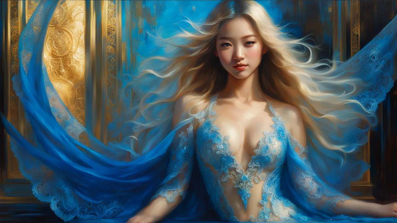 In Casey Baugh's evocative style, art of a gorgeous young smiling asian goddess full body with long blonde hair, blue eyes , beautiful chest and legs, futuristic, transparent blue lace, elegant, highly detailed, majestic, Baugh's brushwork infuses the painting with a unique combination of realism and abstraction, greg rutkowski, surreal gold filigree, broken glass, (masterpiece, sidelighting, finely detailed beautiful eyes: 1.2), hdr, realistic painting, natural skin, textured skin,