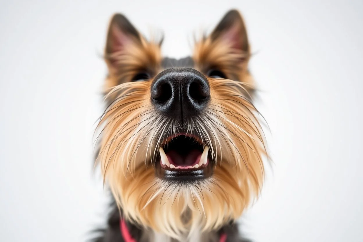 nose mouth and eyes of a Scottish terrier coming up from the bottom, mouth open bitting