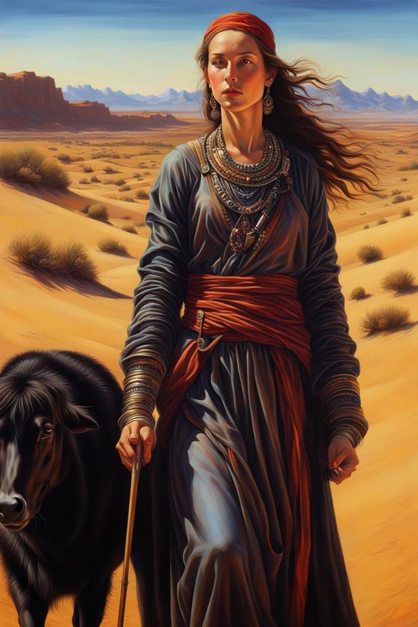 create a classical-abstract-realist sci-fi fantasy full body portrait painting of a nomadic tribal shepherdess with highly defined facial features, in an arid desert landscape in the style of Donato Giancola, Hans Memling, Titian, and Caravaggio, 8k, highly detailed, otherworldly and fantastic