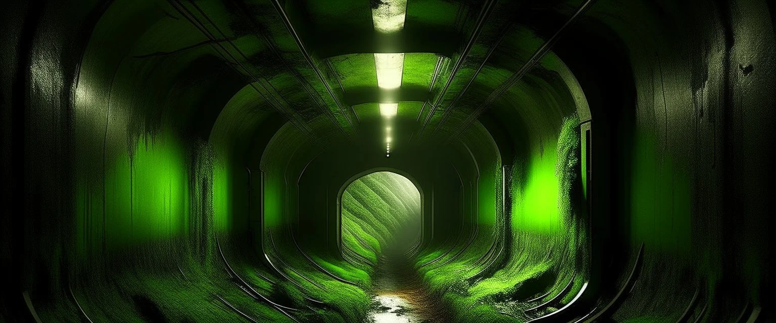 Inside the old subway tracks, . Low light and closed green moss walls. Like the original design of the game space ,digital art.landscape,far camera old painting,2 Chen and George Hopper, Rembrandt lighting, a dark green color scheme, ethereal light. --ar 13:16 --v 6. 0