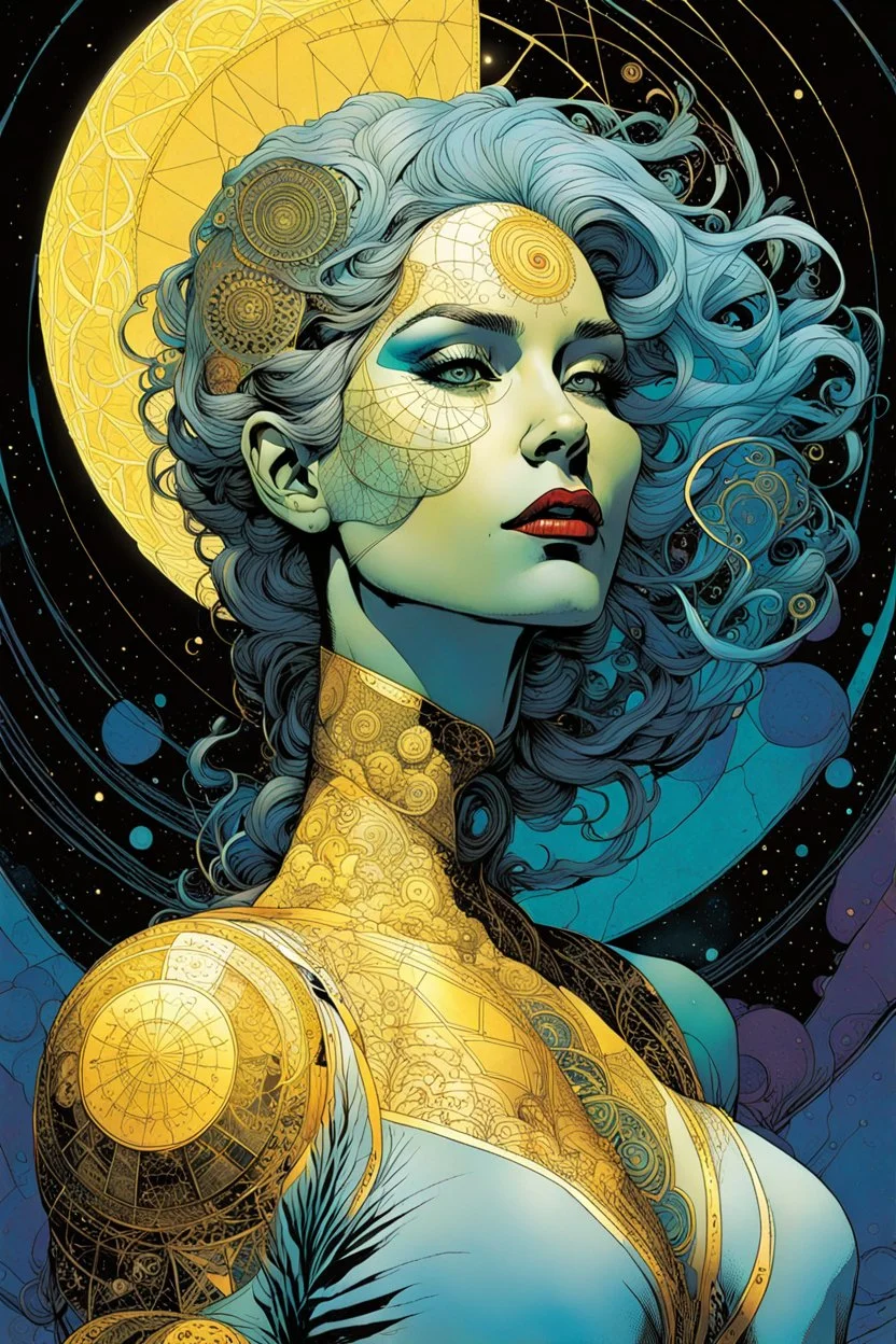 create an ethereal, otherworldly psytrance woman, her body formed utilizing sacred geometry, Fibonacci sequence, golden ratio, in the comic book art style of Mike Mignola, Bill Sienkiewicz, and Jean Giraud Moebius, with highly detailed and finely inked facial features , dramatic natural lighting